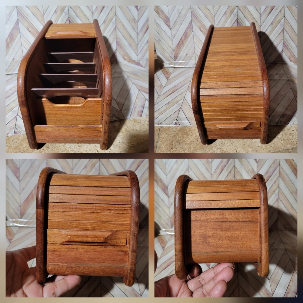 EIN Roll Top Storage Box / Organizer Teak Storage Box, MCM, Mid Century Modern - Picture 5 of 6